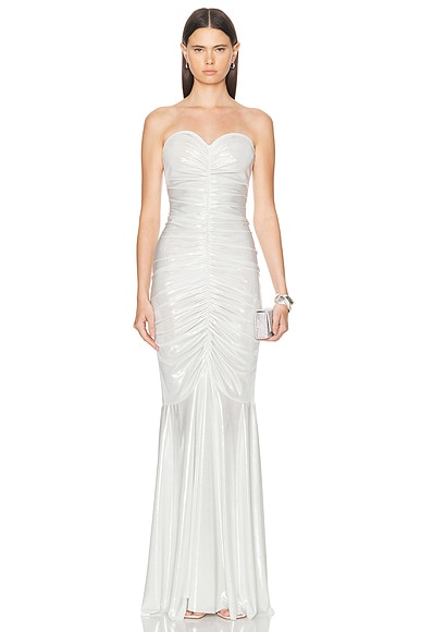 Norma Kamali Strapless Shirred Front Fishtail Gown in Pearl