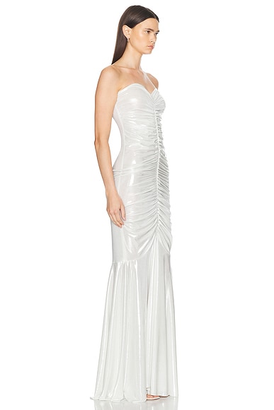 Shop Norma Kamali Strapless Shirred Front Fishtail Gown In Pearl