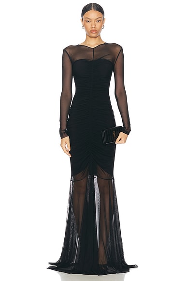 Norma Kamali Longsleeve V Neck Shirred Front Fishtail Gown in Black