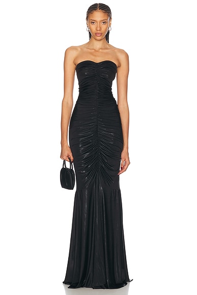 Norma Kamali Strapless Shirred Front Fishtail Gown in Black