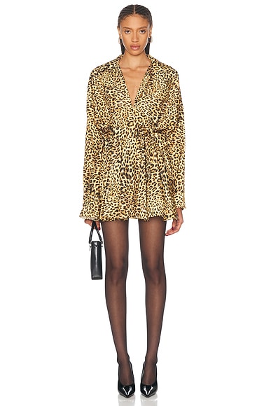 Norma Kamali Super Oversized Boyfriend Shirt Flared Mini Dress in Cheetah Patch