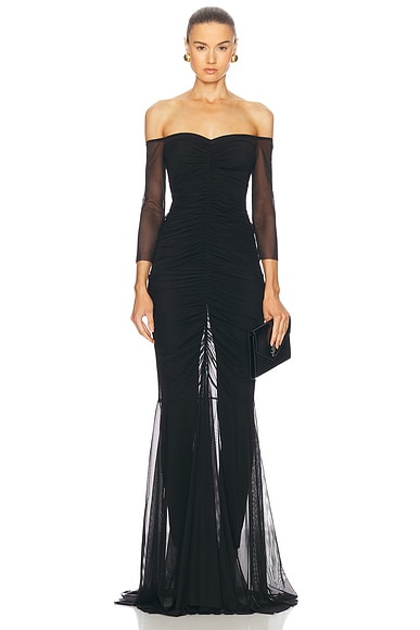 Norma Kamali Off Shoulder Shirred Front Fishtail Gown in Black