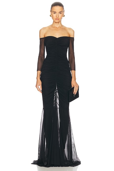 Off Shoulder Shirred Front Fishtail Gown