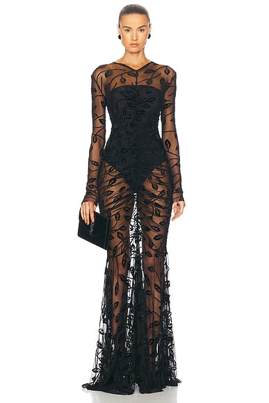Norma Kamali Long Sleeve V Neck Shirred Front Fishtail Gown in Black Leaf