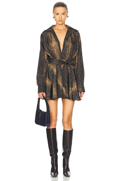 Norma Kamali Super Oversized Boyfriend Shirt Flared Mini Dress in Python