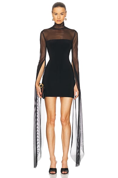 Norma Kamali Ribbon Sleeve Turtleneck Mesh Mini Dress in Black