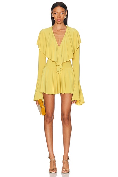 Norma Kamali Long Sleeve Deep V Ruffle Mini Dress in Asparagus