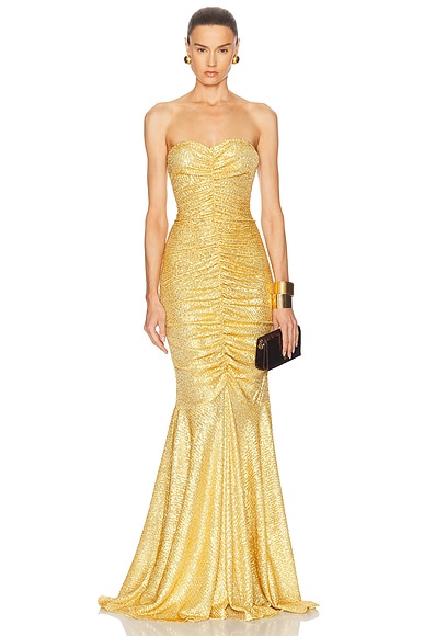 Strapless Shirred Front Fishtail Gown