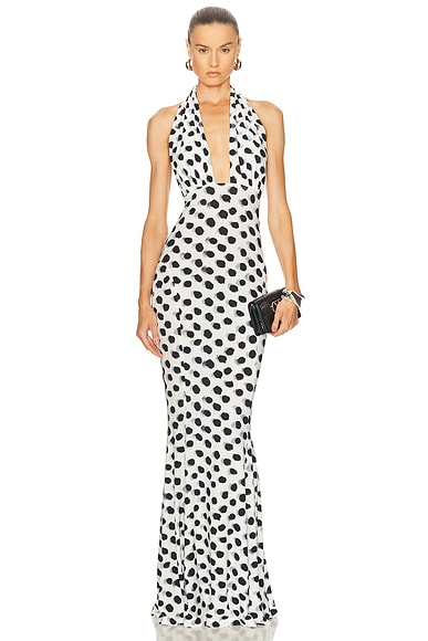 Norma Kamali Cross Halter Fishtail Gown in Paint Dots