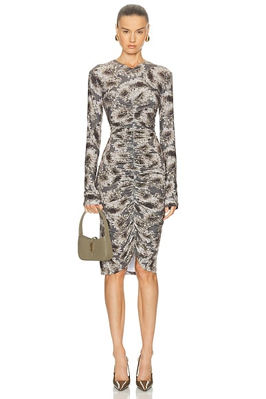 Long Sleeve V Neck Shirred Front Dress