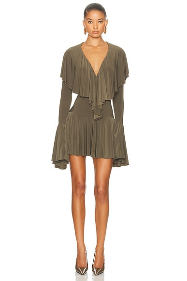 Norma Kamali for FWRD Long Sleeve Deep V Ruffle Mini Dress in Bark