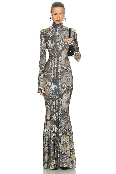Norma Kamali Long Sleeve Turtle Fishneck Gown in Trees