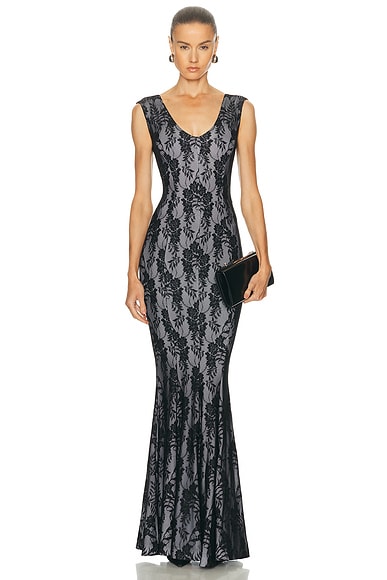 Norma Kamali Grace Fishtail Gown in Black Stretch Lace & White