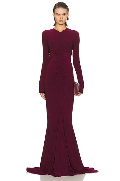 Long Sleeve V Neck Shirred Front Fishtail Gown