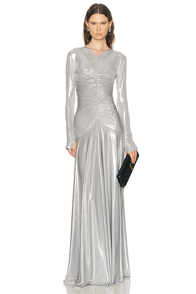 Long Sleeve V Neck Shirred Front Flared Gown
