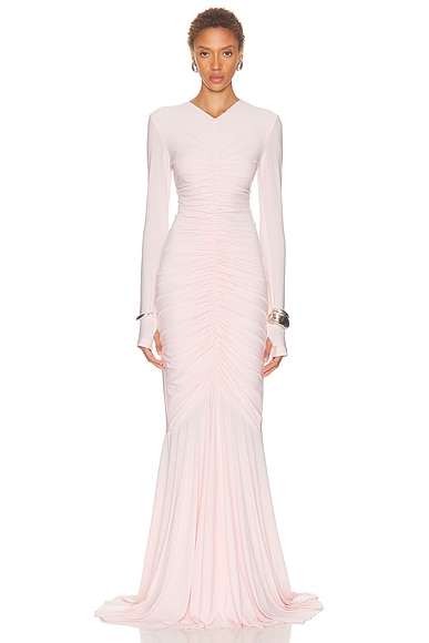 Long Sleeve V Neck Shirred Front Fishtail Gown