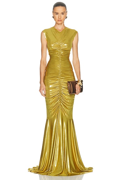 Norma Kamali Sleeveless V Neck Shirred Front Fishtail Gown in Rich Gold