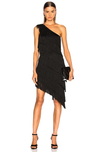 Norma Kamali for FWRD Fringe One Shoulder Dress in Black FWRD