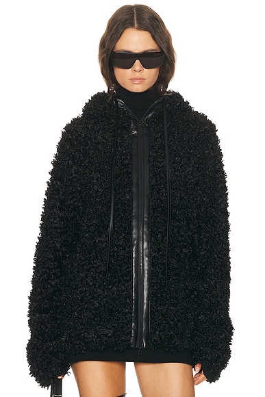 Norma Kamali Oversized Raglan Sleeve Zip Front Hooded Jacket in Black