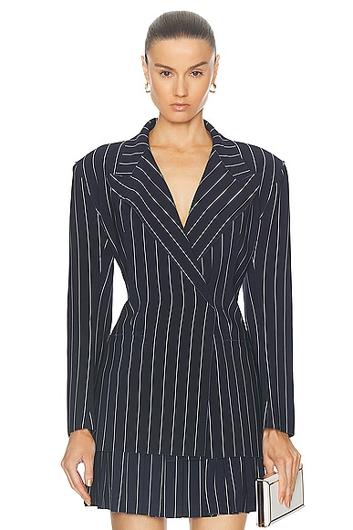 Norma Kamali Classic Double Breasted Jacket in True Navy Pinstripe