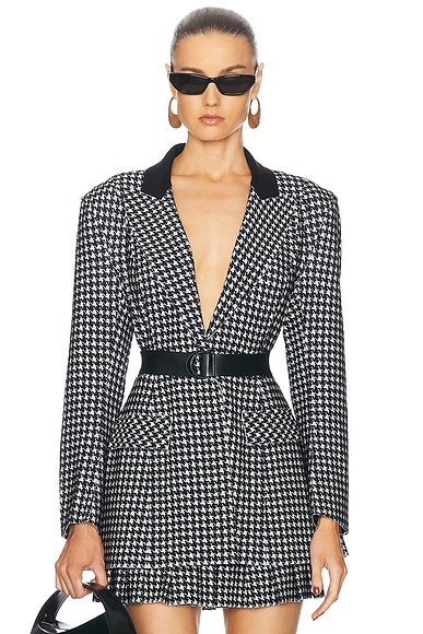 Norma Kamali Single Breasted Boy Fit Riding Jacket in Large Houndstooth & Black