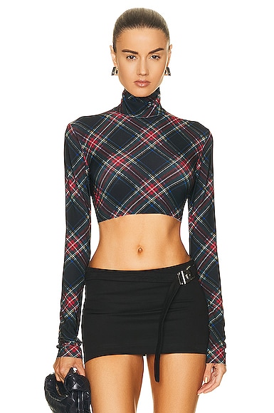 Norma Kamali Long Sleeve Turtleneck Cropped Top in Black Tartan | FWRD