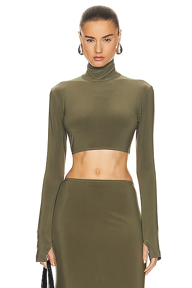 Norma Kamali Cropped Slim Fit Long Sleeve Turtleneck Top in Military