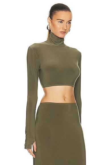 Shop Norma Kamali Cropped Slim Fit Long Sleeve Turtleneck Top In Military