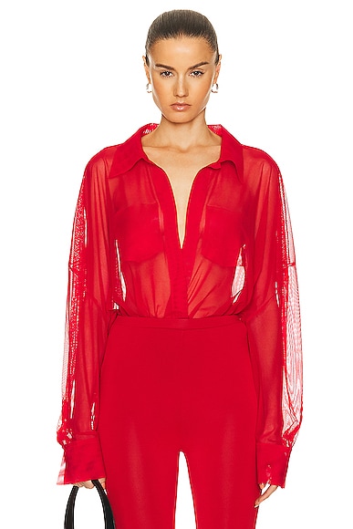 Norma Kamali Super Oversized Boyfriend Shirt Bodysuit in Tiger Red