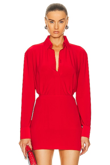 Norma Kamali Collar Stand Shirt in Tiger Red