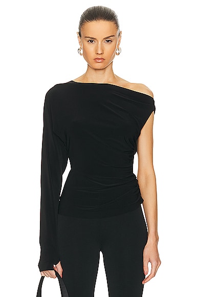 Shop Norma Kamali One Sleeve Drop Shoulder Side Drape Top In Black
