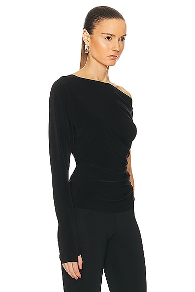 Shop Norma Kamali One Sleeve Drop Shoulder Side Drape Top In Black