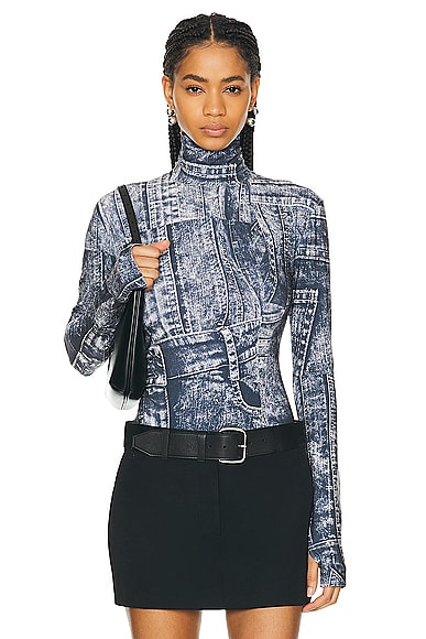 Norma Kamali Slim Fit Long Sleeve Turtleneck Top in Black & Navy Denim Print
