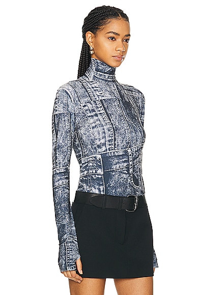 Shop Norma Kamali Slim Fit Long Sleeve Turtleneck Top In Black & Navy Denim Print