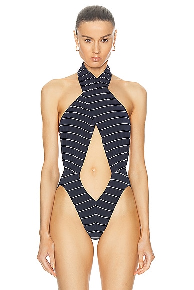 Shop Norma Kamali Cross Halter Bodysuit In True Navy Pinstripe