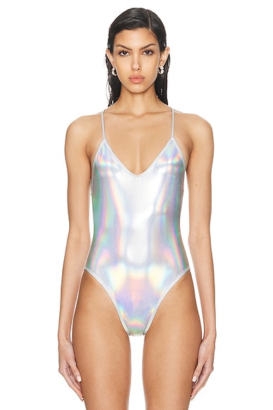 Shop Norma Kamali Low Back Fara Slip Mio Bodysuit In Hologram