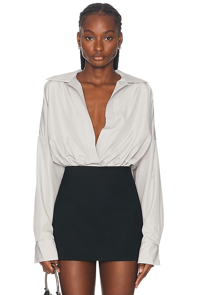 Norma Kamali Super Oversized Boyfriend Shirt Bodysuit in Dove