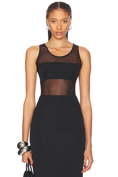 Norma Kamali Dash Dash Mio Bodysuit in Black & Black Mesh