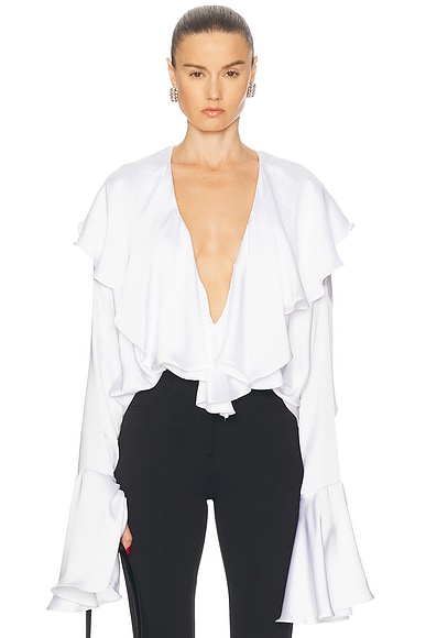 Norma Kamali Long Sleeve Deep V Ruffle Bodysuit in Snow White
