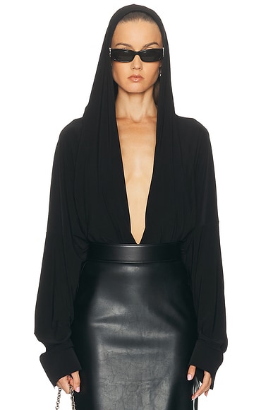 Norma Kamali Hooded Super Oversized Boyfriend Shirt Bodysuit in Black