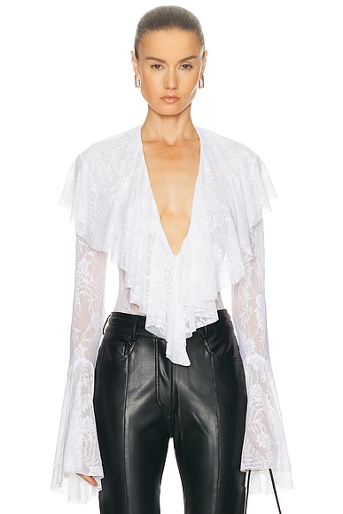 Norma Kamali Long Sleeve Deep V Ruffle Bodysuit in Snow White