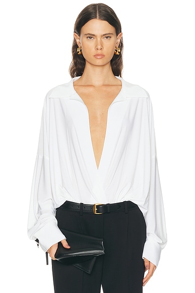 Norma Kamali Super Oversized Boyfriend Shirt Bodysuit in Snow White