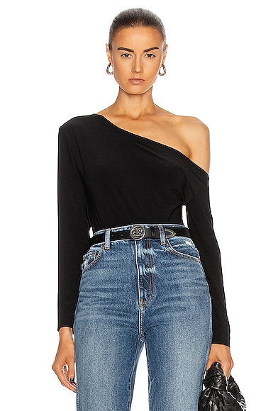 Shop Norma Kamali Long Sleeve Drop Shoulder Bodysuit In Black