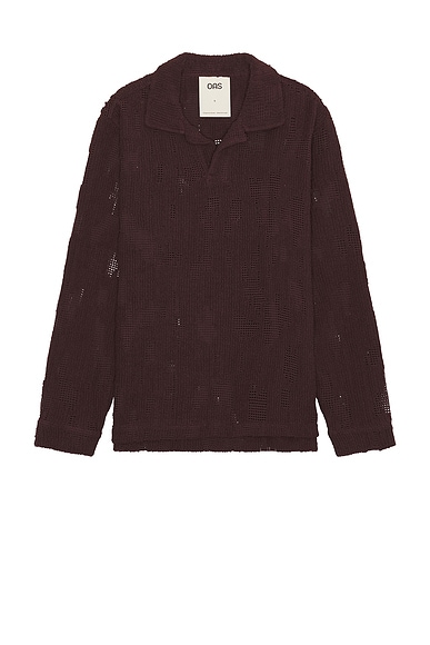 OAS Grot Crochet Long Sleeve Polo in Burgundy