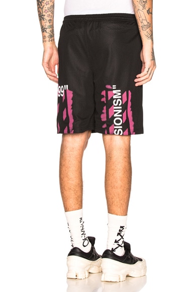Off White Diagonal Stencil Mesh Shorts In Black Fuchsia Fwrd