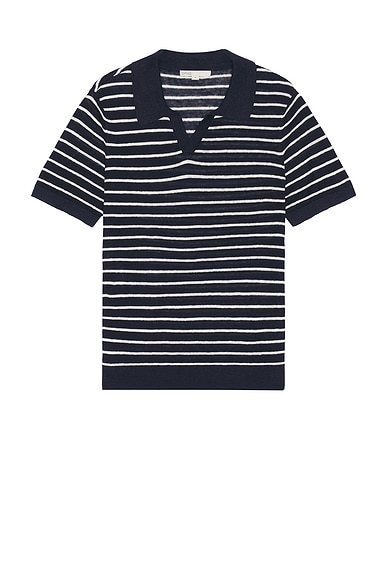 onia Linen Johnny Collar Polo Sweater in Deep Navy & White