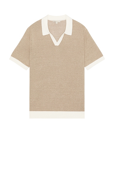onia Linen Johnny Collar Polo in Tan & White