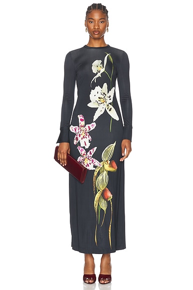 Oscar de la Renta Long Sleeve Maxi Dress in Dark Navy Multi