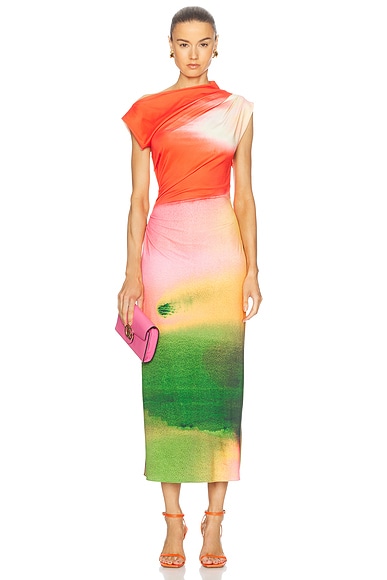 Oscar de la Renta Draped Midi Dress in Vermillion Multi