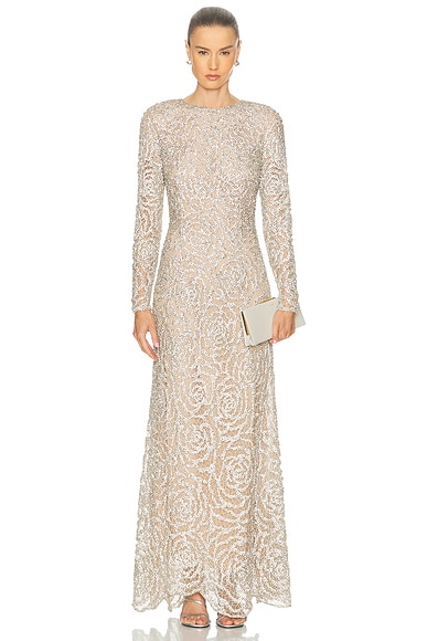 Oscar de la Renta Long Sleeve Gown in Silver
